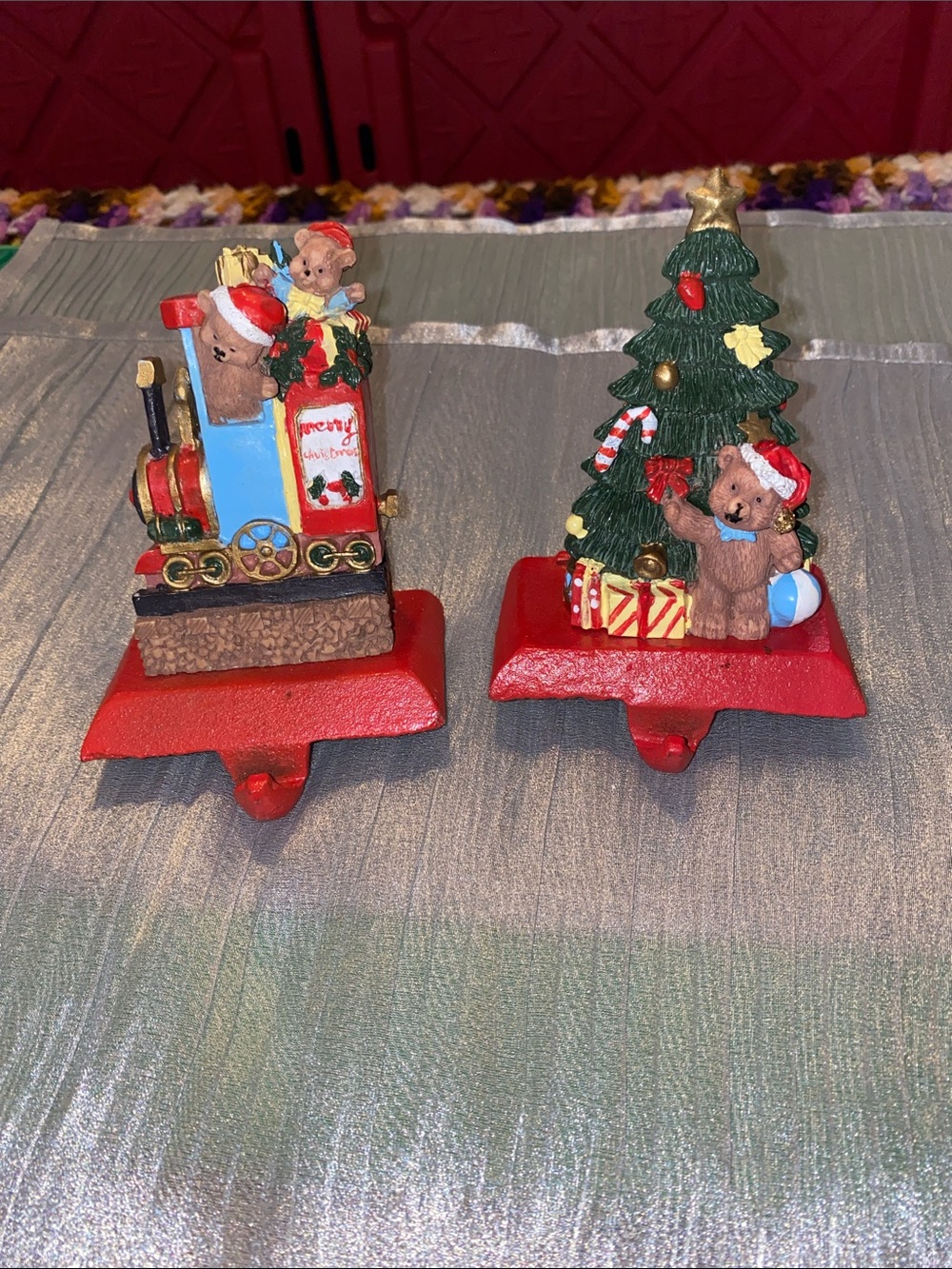 Christmas CollectionHoliday Bear Train and Christmas Tree Stocking Holders - Red